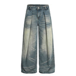 Men's Washed Distressed Denim Pants Loose Wide Leg Pleated Fade