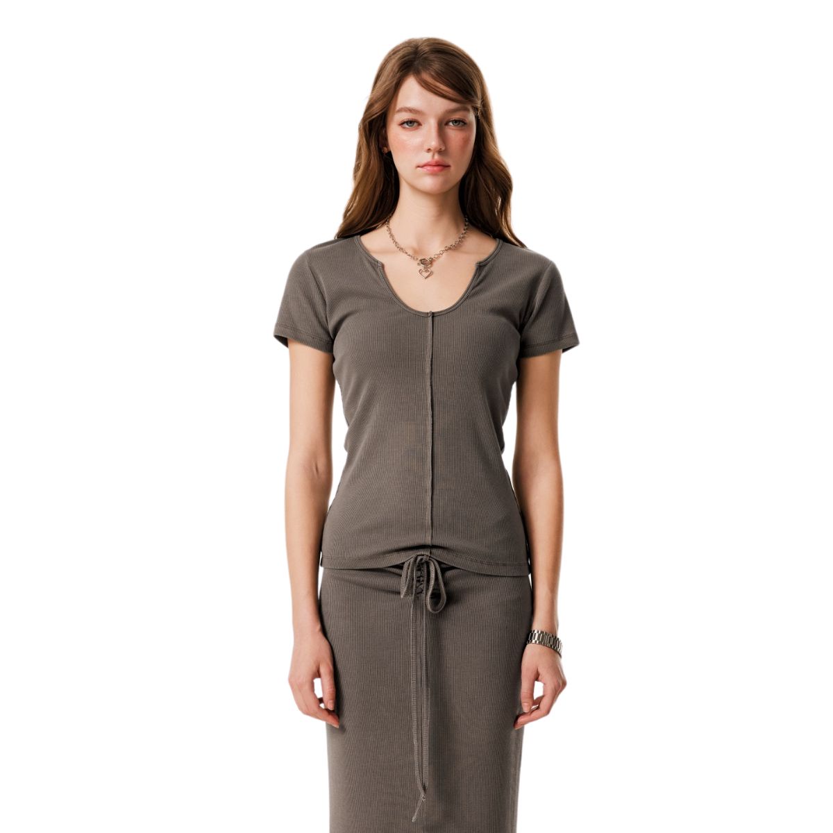 Fitted Rib-Knit V Neck T-Shirt 8.2oz