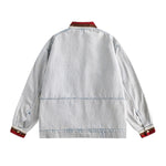 American Trendy Washed Color-blocking Stand-up Collar Denim Jacket