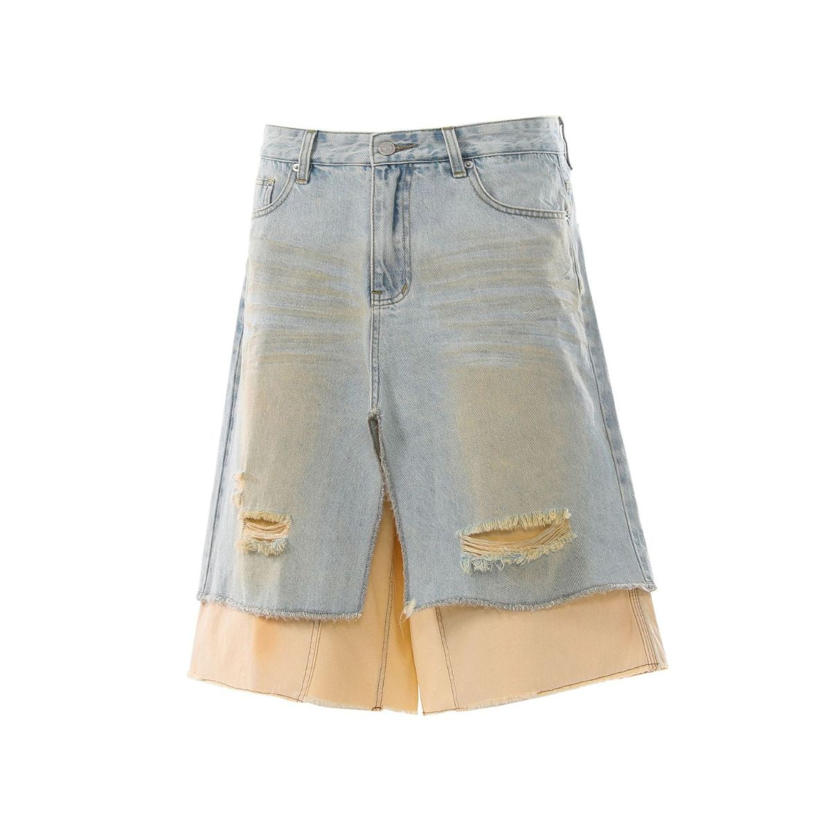 Layered Two-Tone Distressed Denim Bermuda Shorts