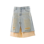 Layered Two-Tone Distressed Denim Bermuda Shorts