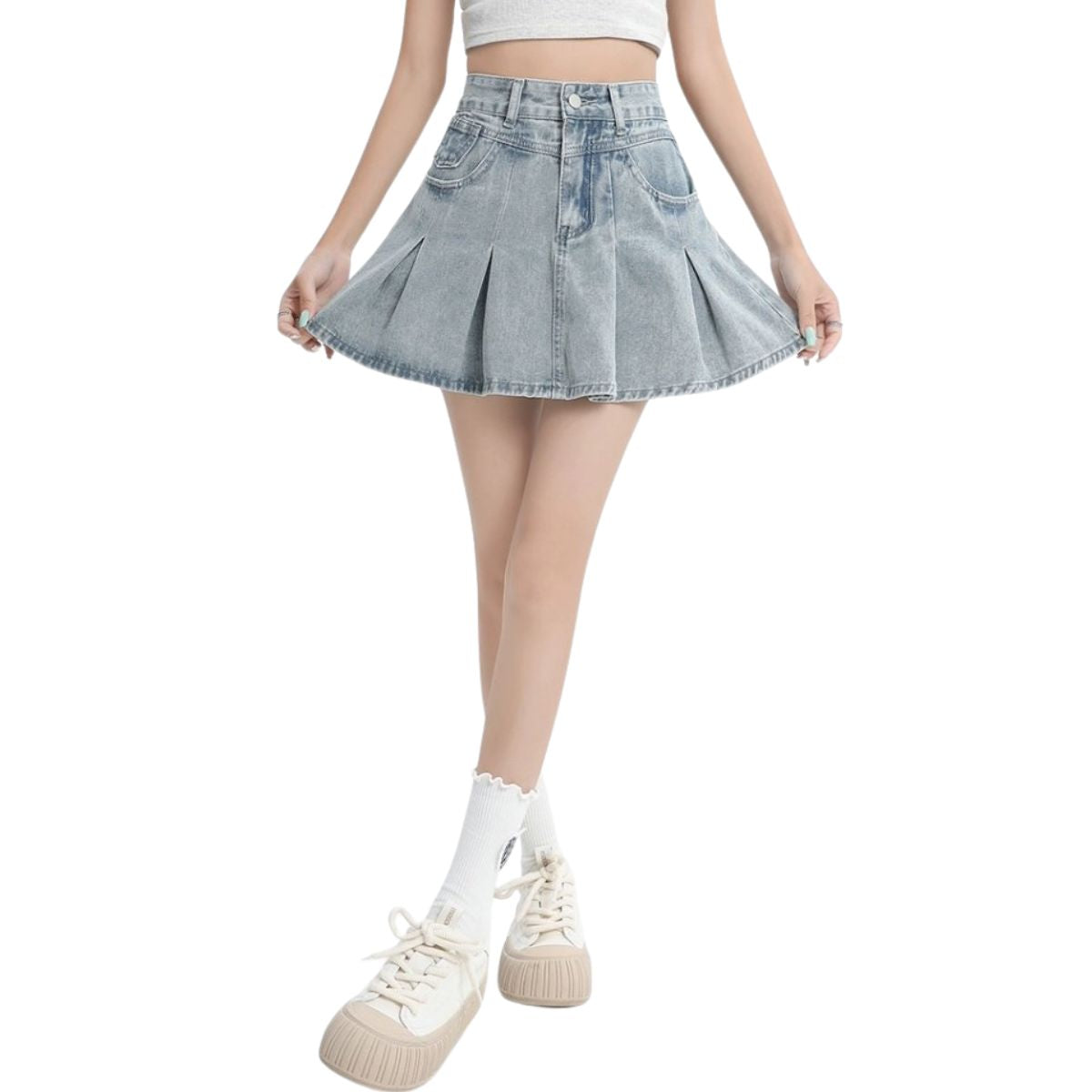 High-Rise Pleated Denim Mini Skirt