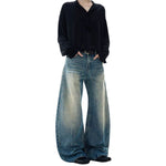 Bleached Fade Curved Leg Baggy Denim Jeans