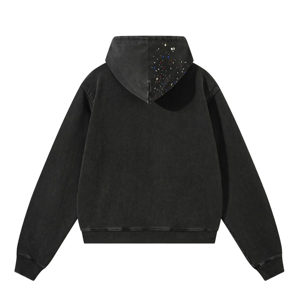 Snow Wash Sparkling Rhinestone Frayed Distressed Zip-Up Hoodie