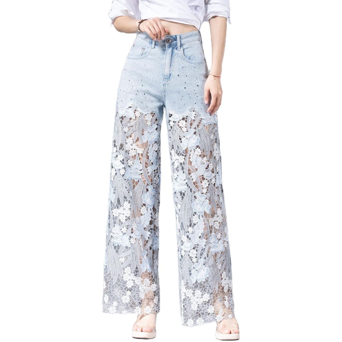 Risen Jeans Rhinestones & Sequins Cut-Out Wide-Leg Jeans