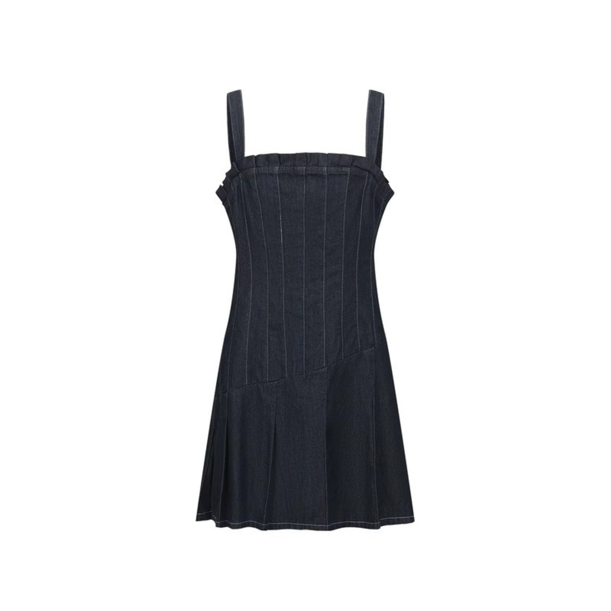 Dark Denim Corset-Inspired Pleated Dress