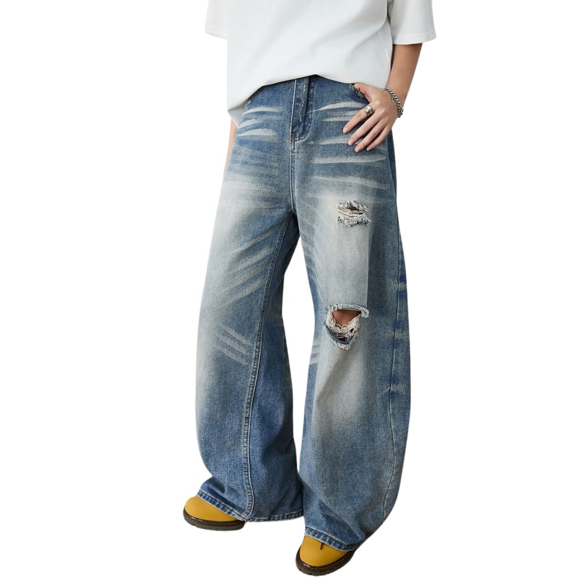 Distressed Curved Leg Wide Fit Denim Jeans