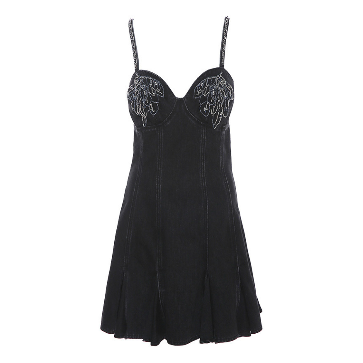 Embroidered Beaded Denim Metal-Strap Mini Dress