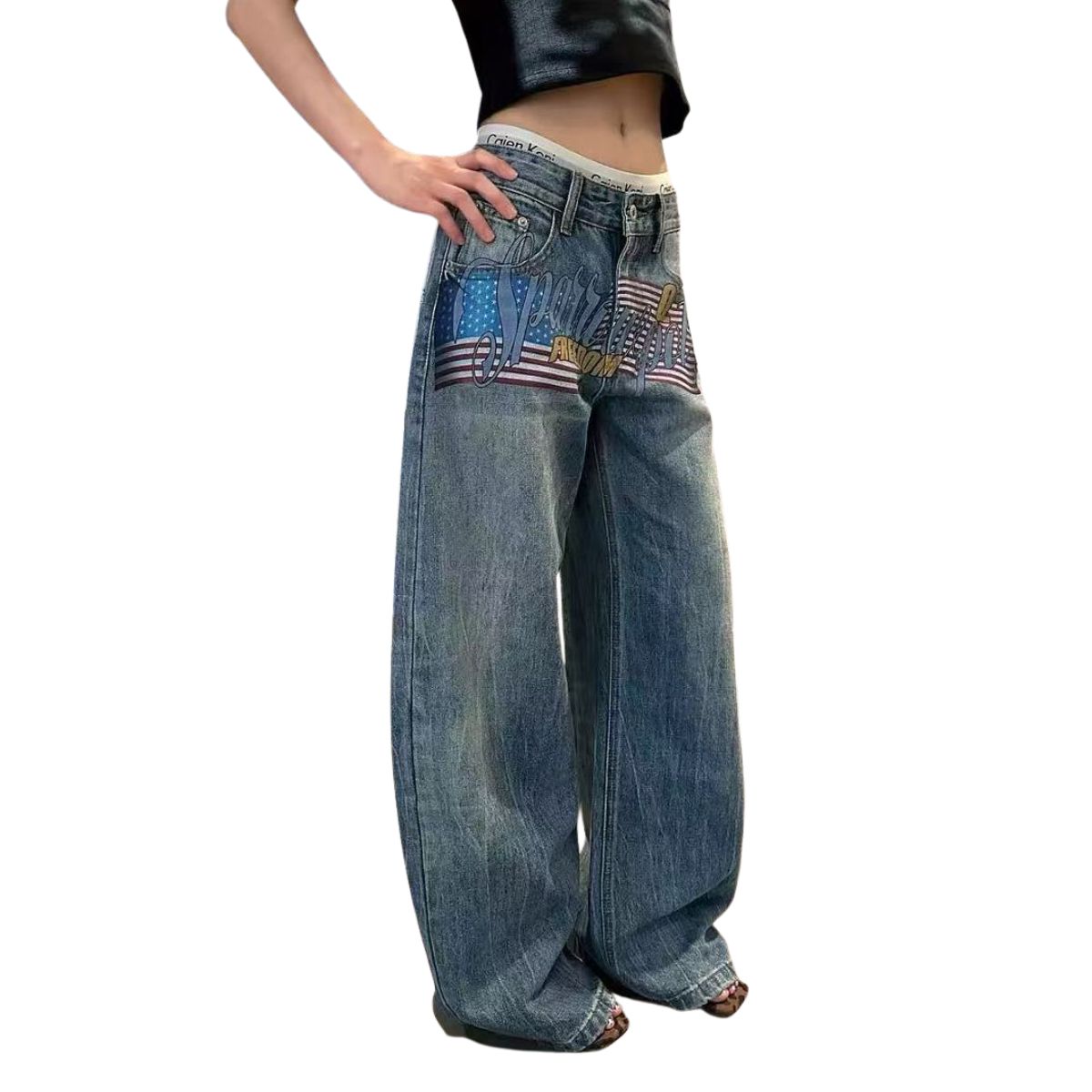 Vintage Graphic Print Relaxed Straight Leg Denim Jeans