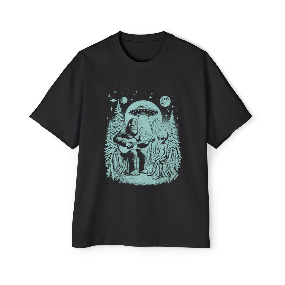 Bigfoot Play Guitar With Alien Graphic Tee-INNBLAC Fashion Apparel