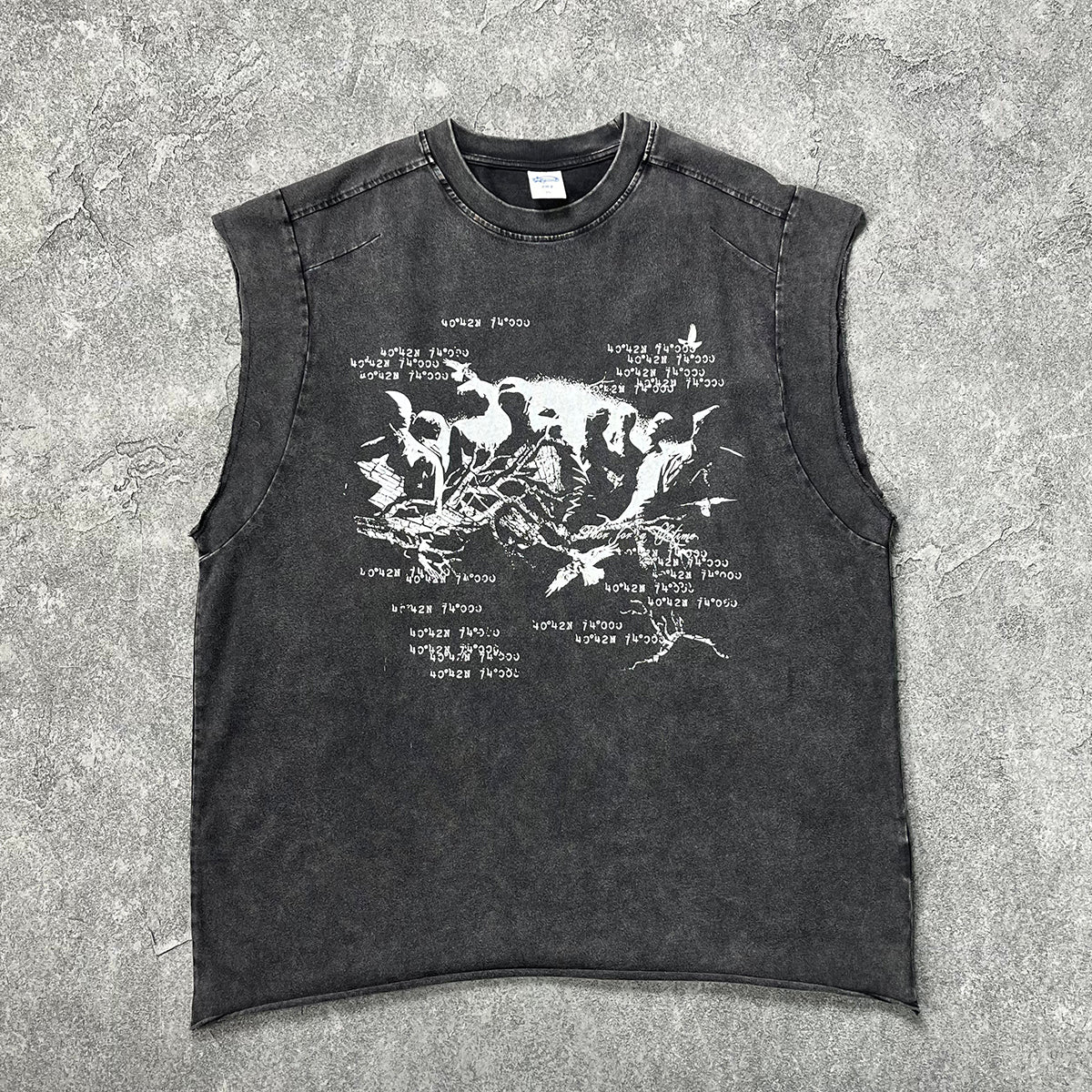 Camiseta sin mangas con gráfico de bordes sin rematar estilo streetwear vintage