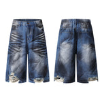 Grungy Wash Ripped Hem Denim Bermuda Shorts