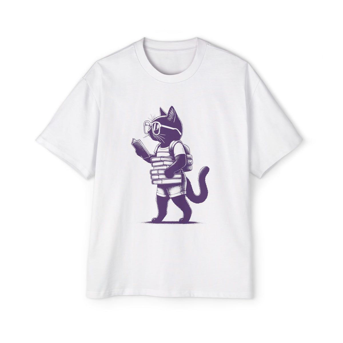 Cat Girl Reading Holding Books Graphic Tee-INNBLAC Fashion Apparel