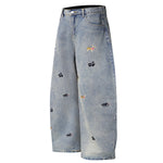 Washed Faded Dog-Embroidered Barrel-Leg Jeans