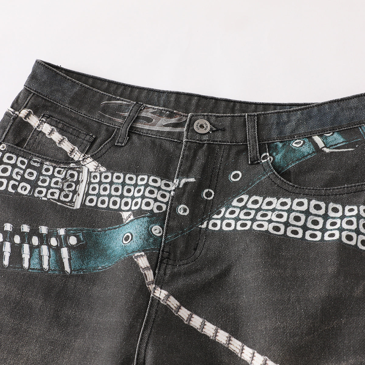 Vintage Washed Black Wide-Leg Printed Jeans