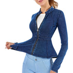 Zip-Front Washed Knit Denim Peplum Jacket