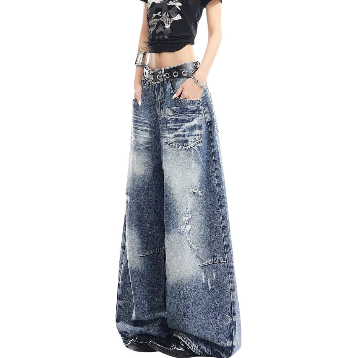 Distressed Pocket Barrel Leg Denim Jeans