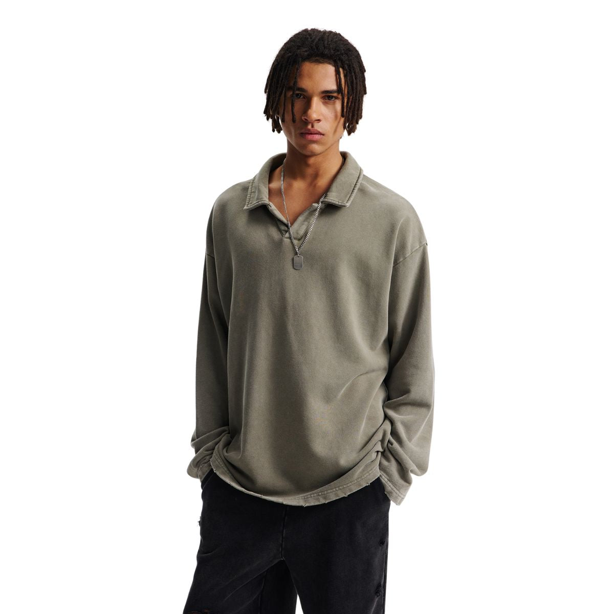 Distressed Edge Buttonless Long-Sleeve Polo