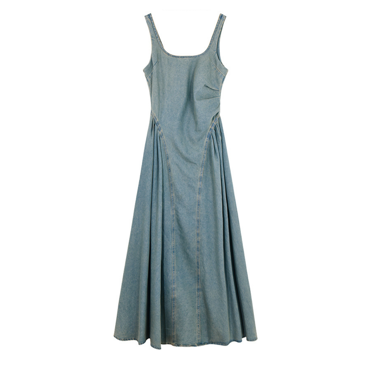 Square Neckline Sleeveless Denim Midi Dress