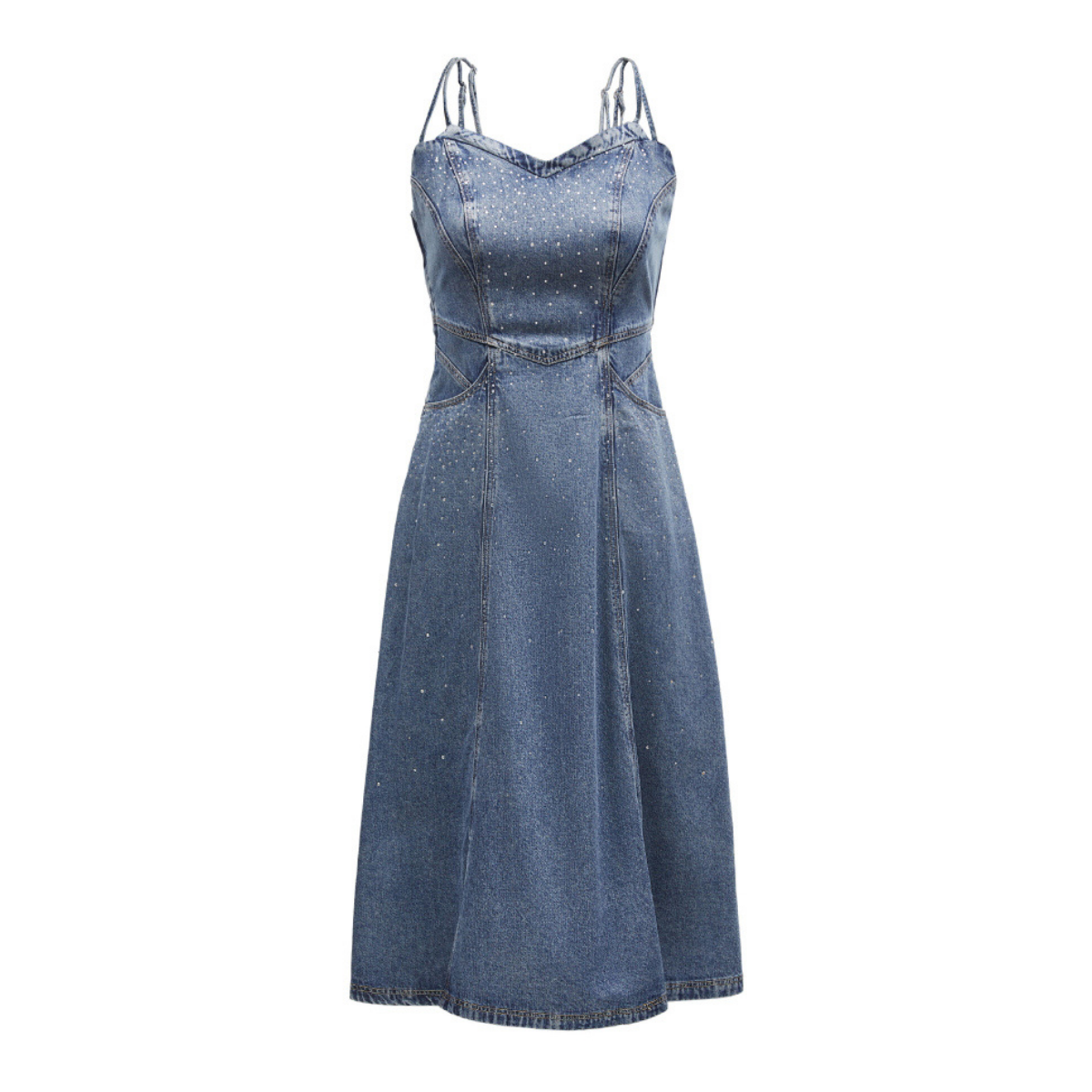 Rhinestone-Embellished Dual-Strap Denim Dress
