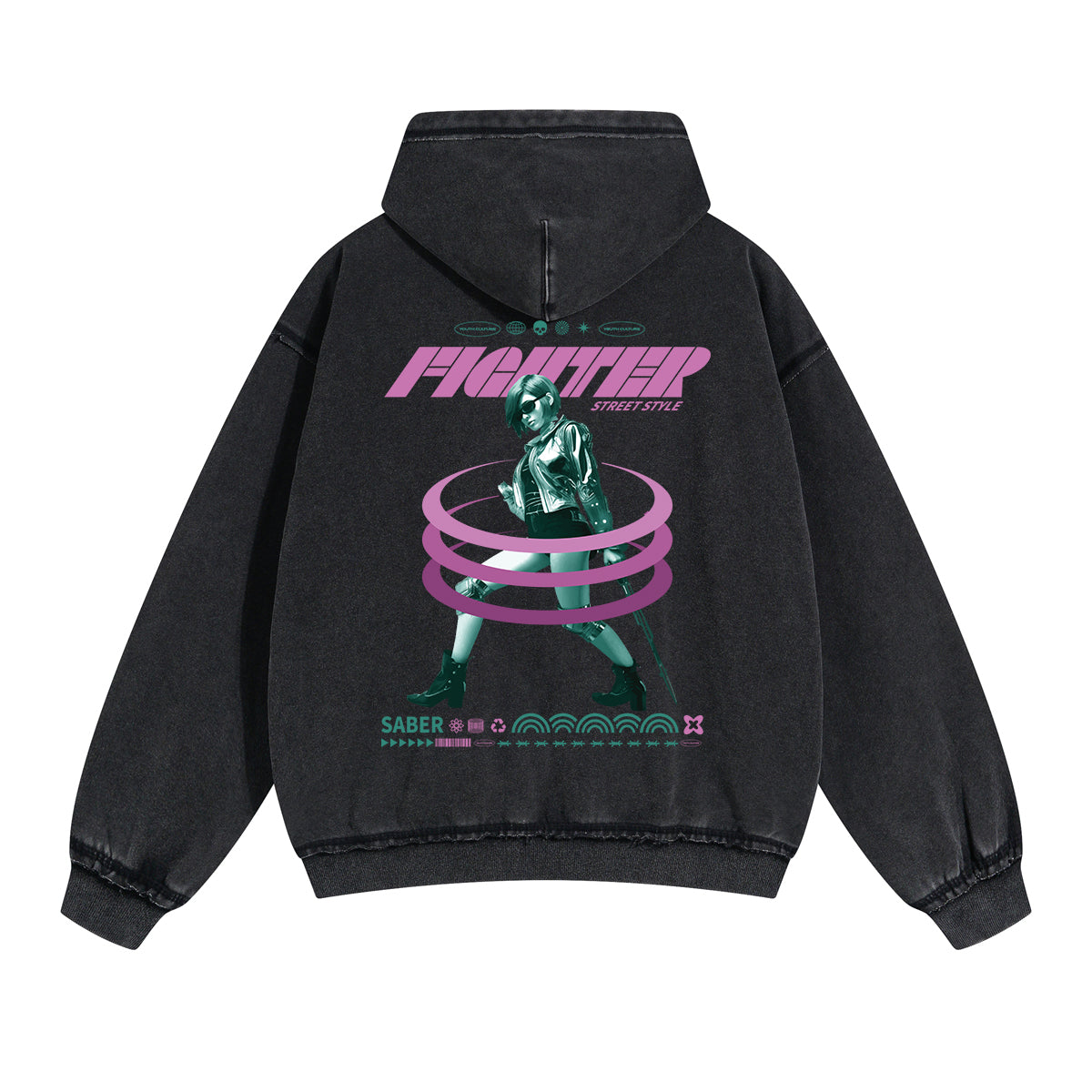 Fighter Girl Y2k Chrome Graphic Washed Hoodie-INNBLAC Fashion Apparel