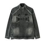 Oversized Stand-up Collar Washed Distressed Denim Jacket