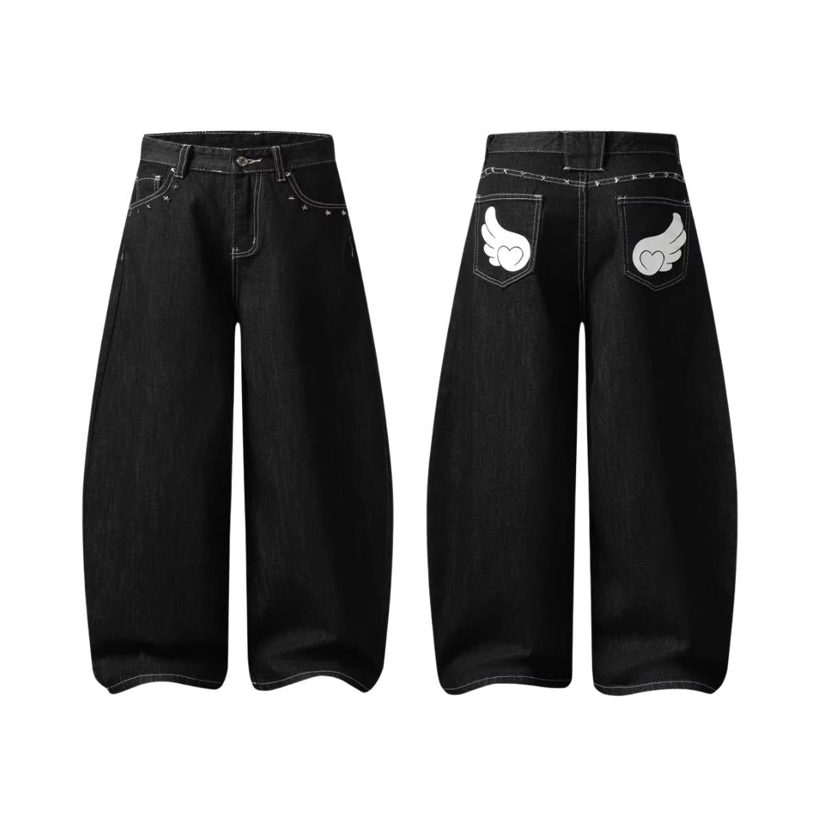 Retro Contrast Heart & Wings Patchwork High Rise Loose Draped Denim Jeans