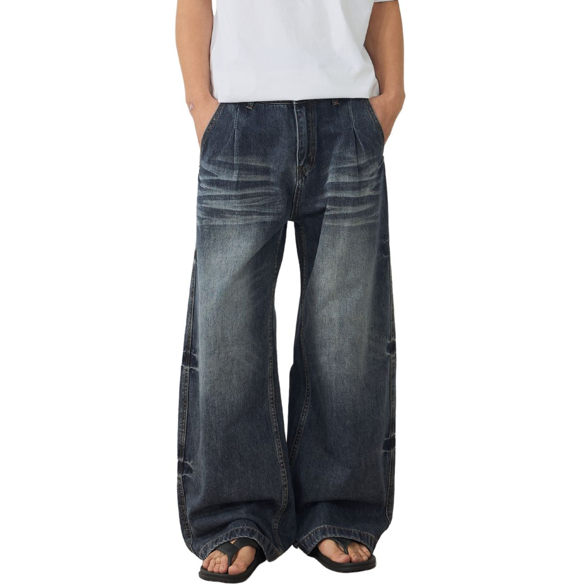 Washed Whiskers Barrel-Leg Denim Pants