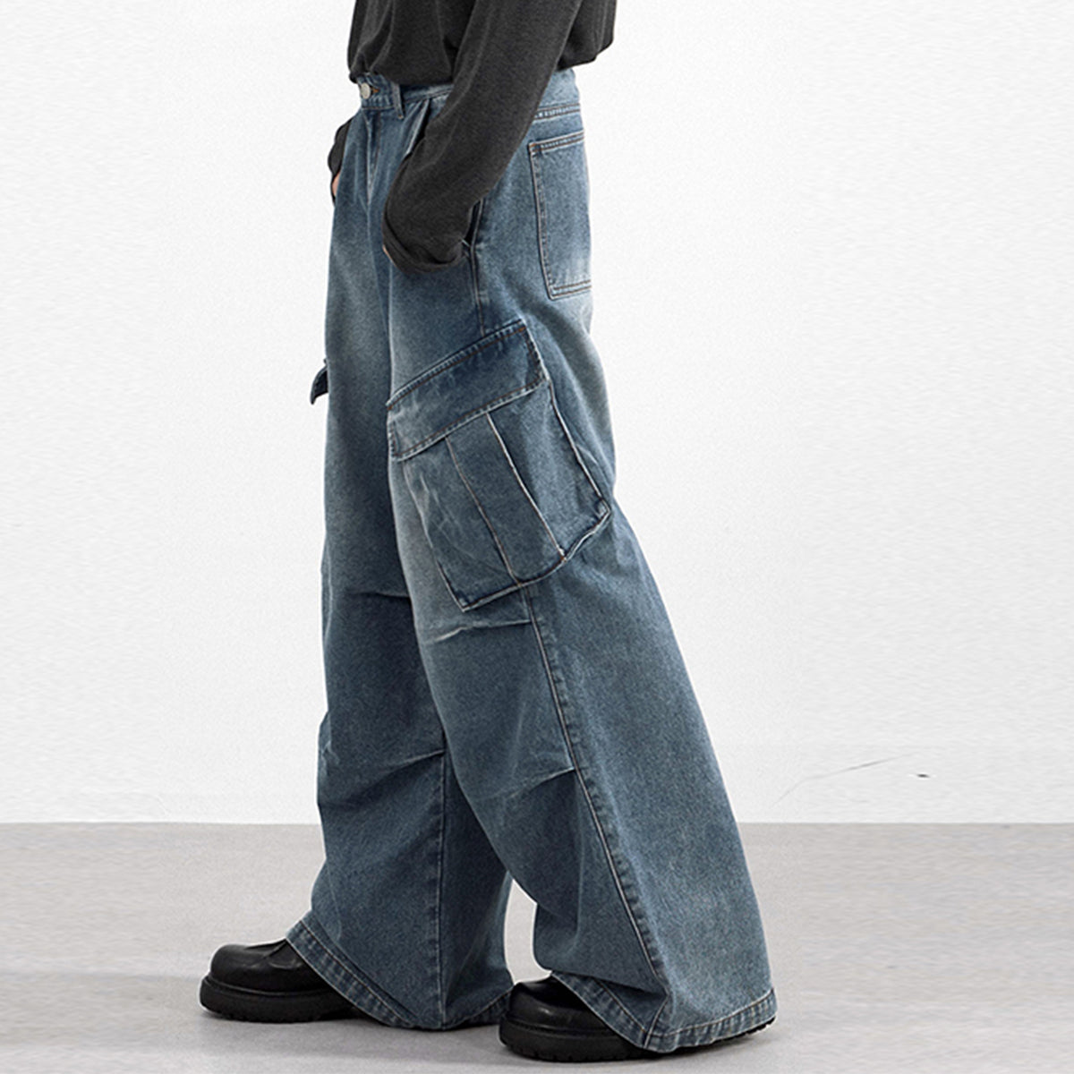 High Waisted Cargo Denim Pants Oversized Pockets Vintage Wash