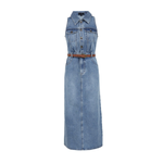 Sleeveless Belted Washed Denim Maxi Shirtdress