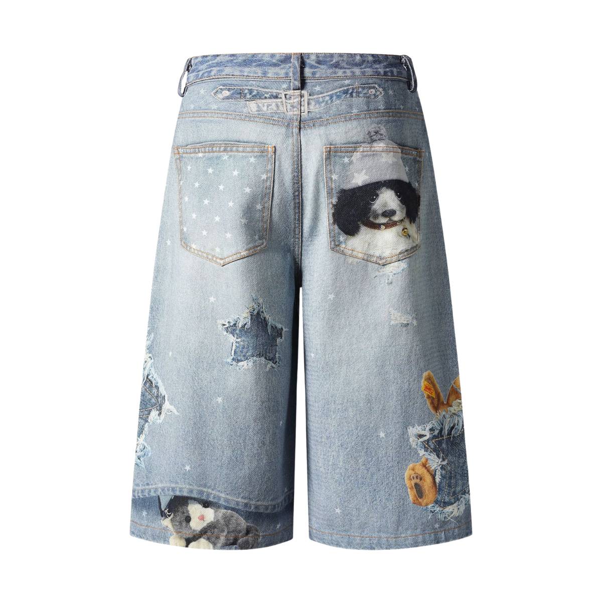 Washed Vintage Star Print Dog Distressed Relaxed Wide-Leg Bermuda Shorts