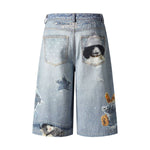 Washed Vintage Star Print Dog Distressed Relaxed Wide-Leg Bermuda Shorts