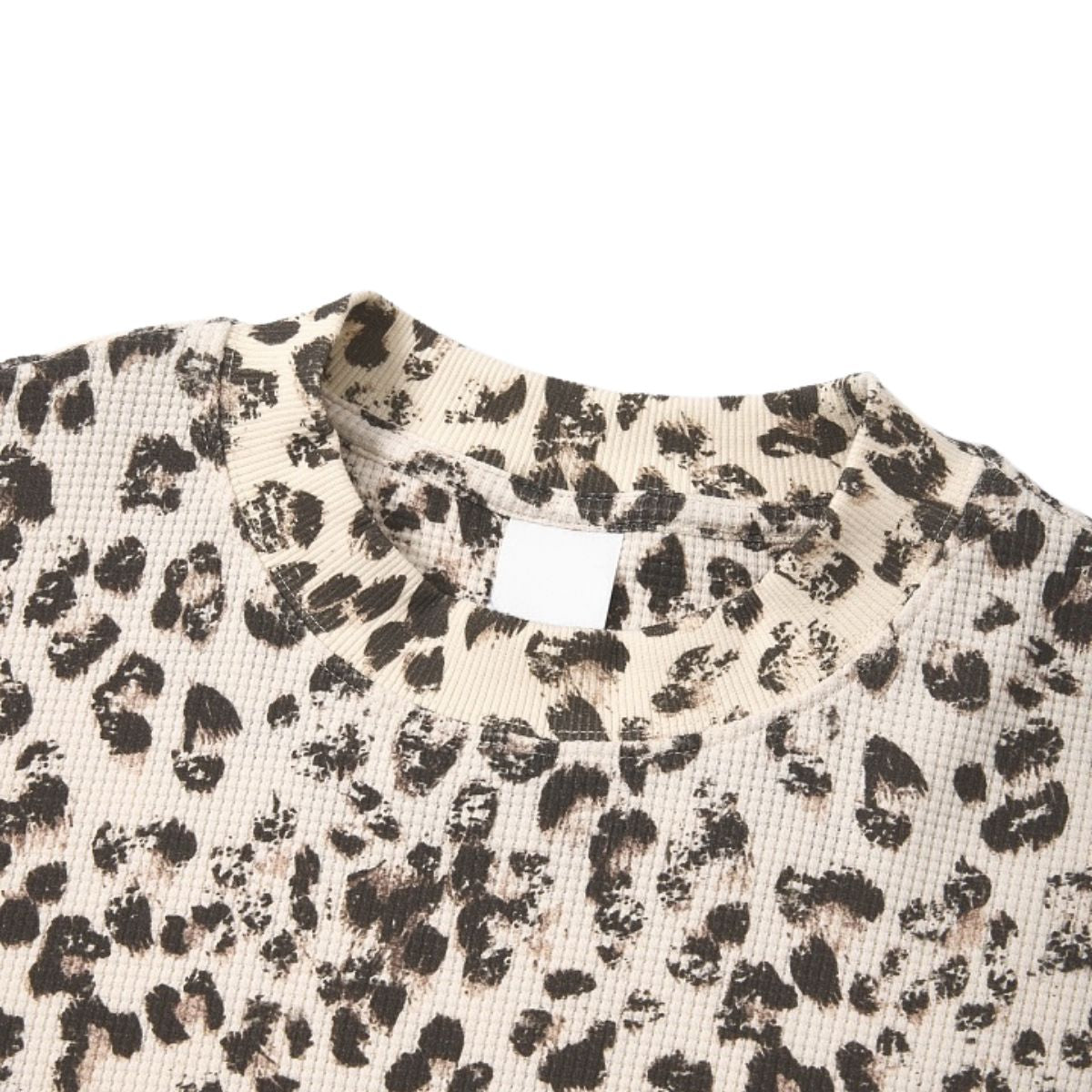 Leopard Print Waffle‑Knit Crew Neck Long Sleeve T‑Shirt