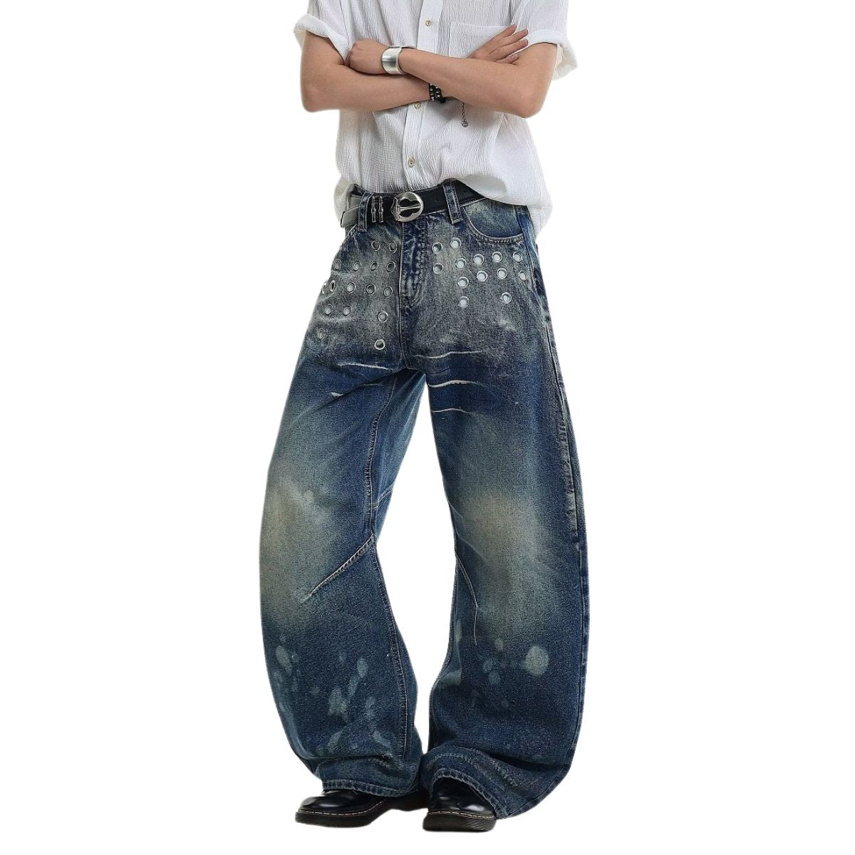 Paint Splatter Barrel Leg Denim Jeans with Rivet Details