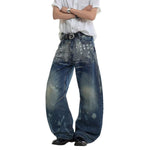 Paint Splatter Barrel Leg Denim Jeans with Rivet Details