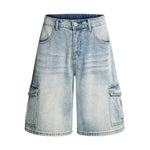 Vintage Washed Multi Pocket Denim Cargo Bermuda Shorts