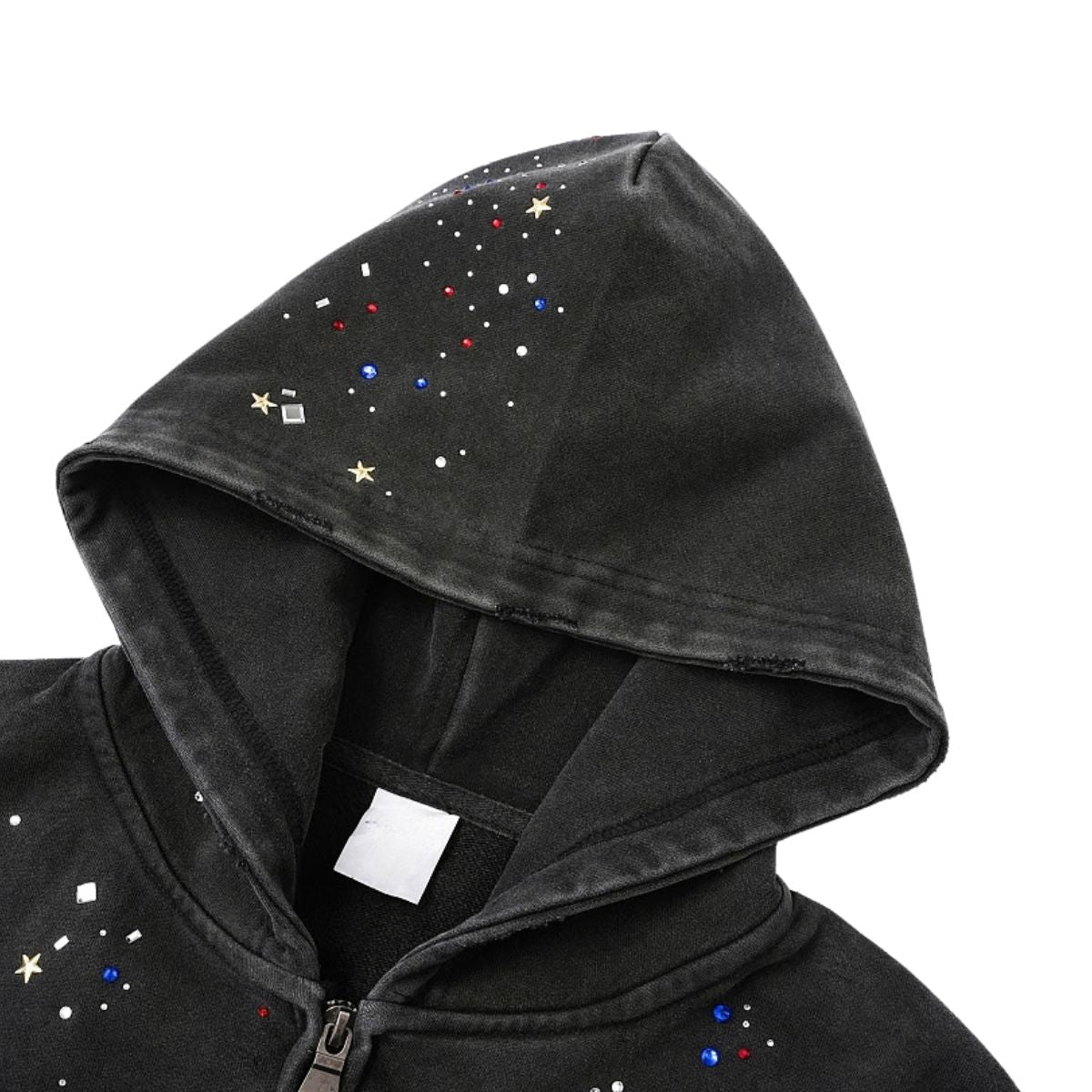 Snow Wash Sparkling Rhinestone Frayed Distressed Zip-Up Hoodie