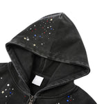 Snow Wash Sparkling Rhinestone Frayed Distressed Zip-Up Hoodie