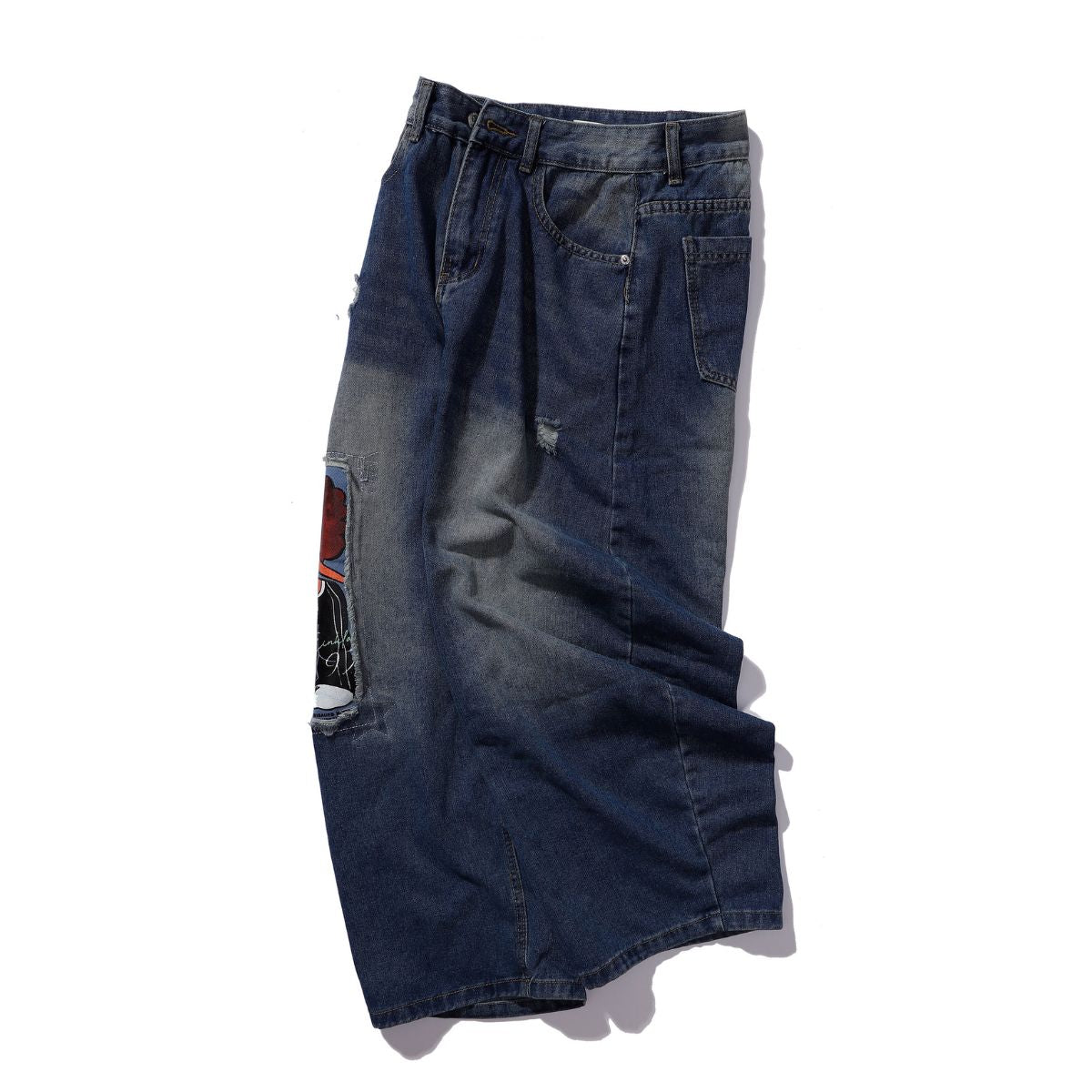 Cartoon Patchwork Distressed Barrel Jeans
