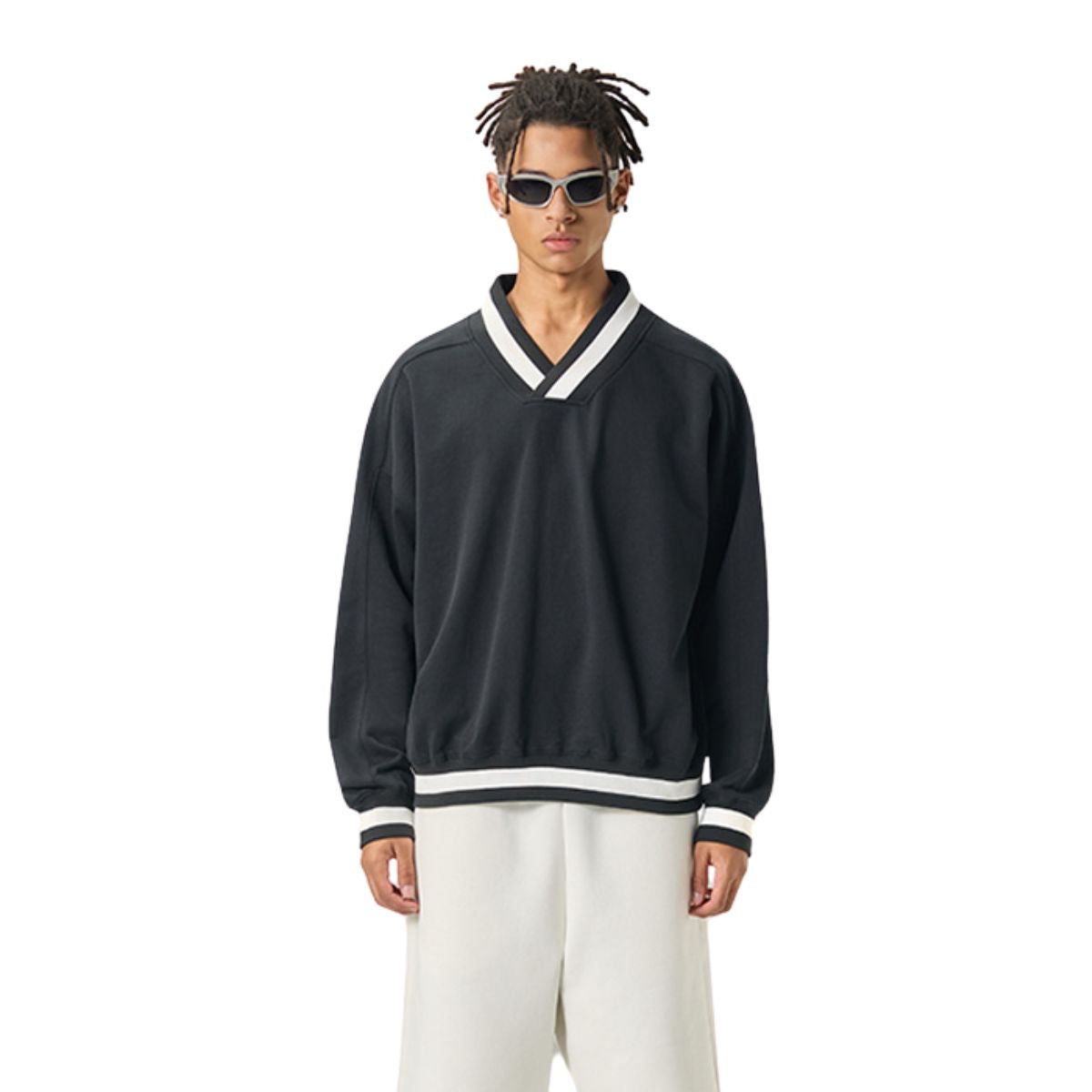 Contrast Trim V-Neck Pullover Sweatshirt