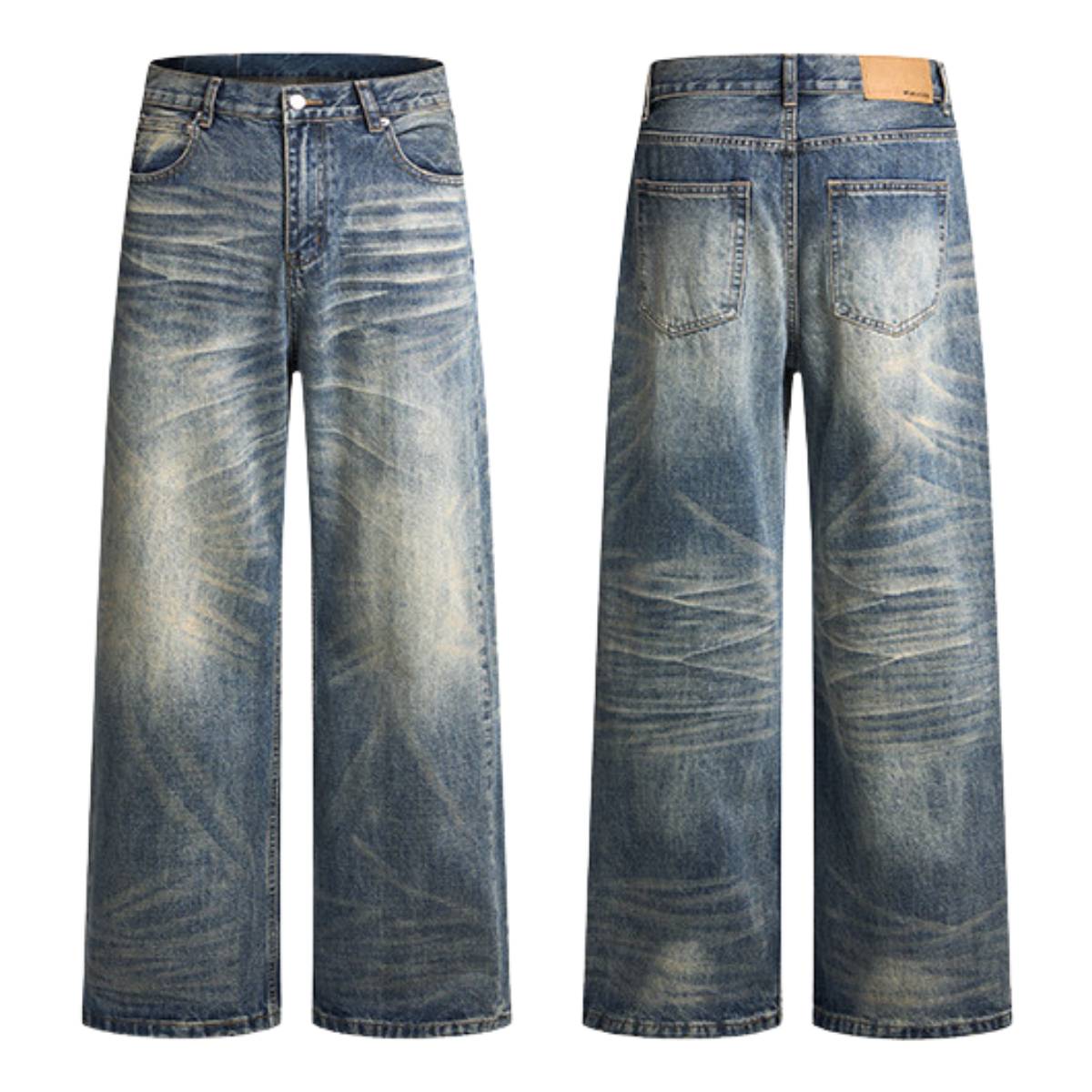 Wash Vintage Whiskered Fluid Flow Wide Leg Denim Jeans