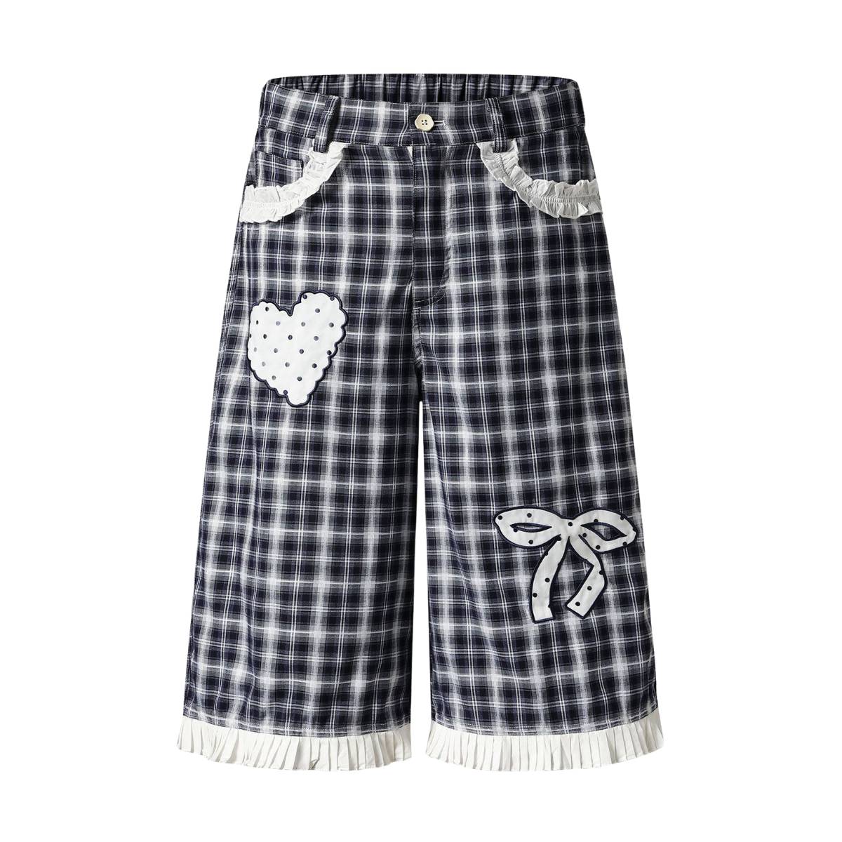 Washed Plaid Graphic Patchwork Bow Detail Relaxed Wide-Leg Capri Denim Pants