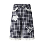 Washed Plaid Graphic Patchwork Bow Detail Relaxed Wide-Leg Capri Denim Pants