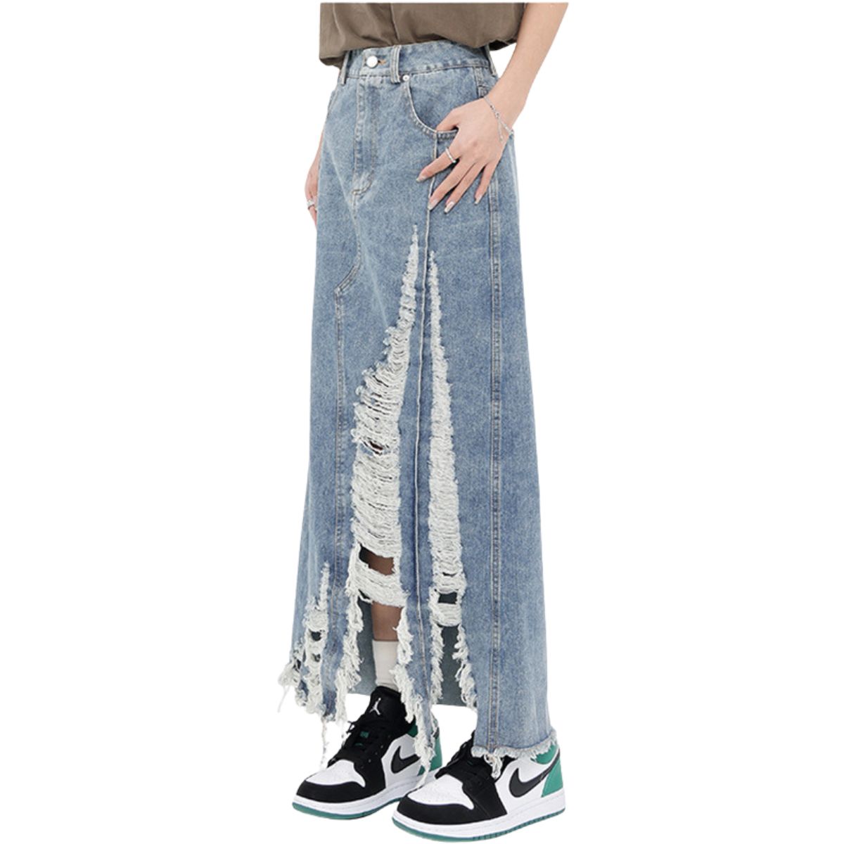 Women's Destroyed Denim Midi Skirt