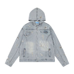 Unisex Retro Distressed Ripped Washed Denim Jacket with Hood