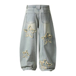 American Retro Frayed Hem Star Graphic Loose Fit Denim Trousers