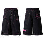Washed Contrast Star Heart Embroidered Button Wide-Leg Bermuda Shorts