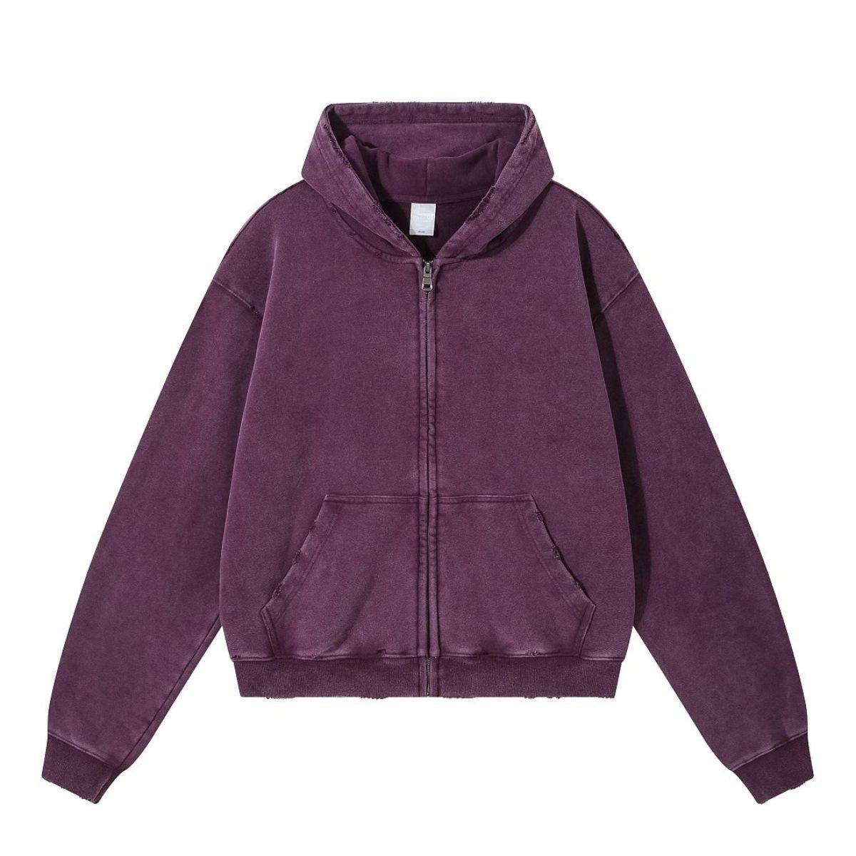 Boxy Cropped Stacked Sleeve Ripped Distressed Full Zip Hoodie