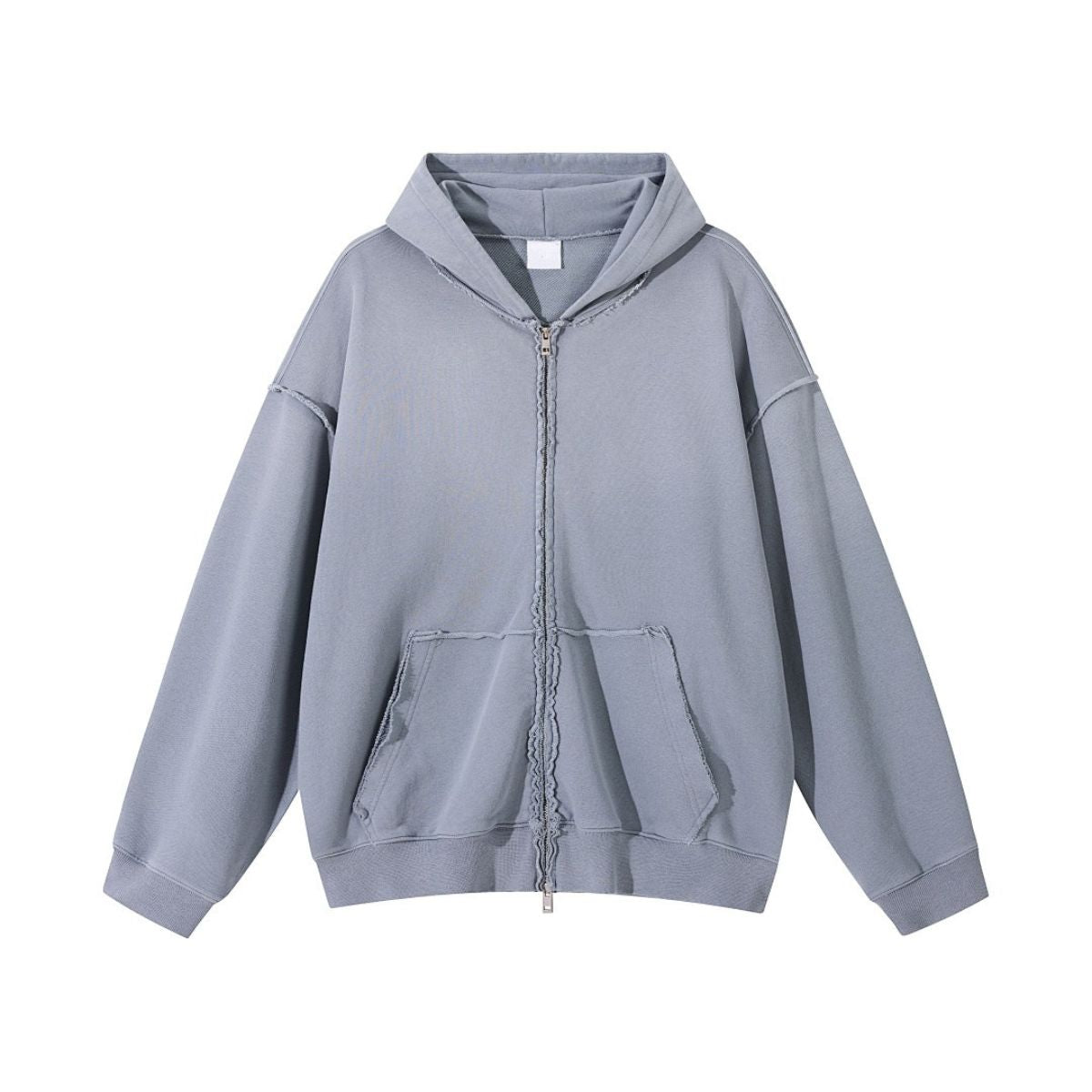 Cotton Vintage Distressed Gradient Raw‑Edge Zip Hoodie