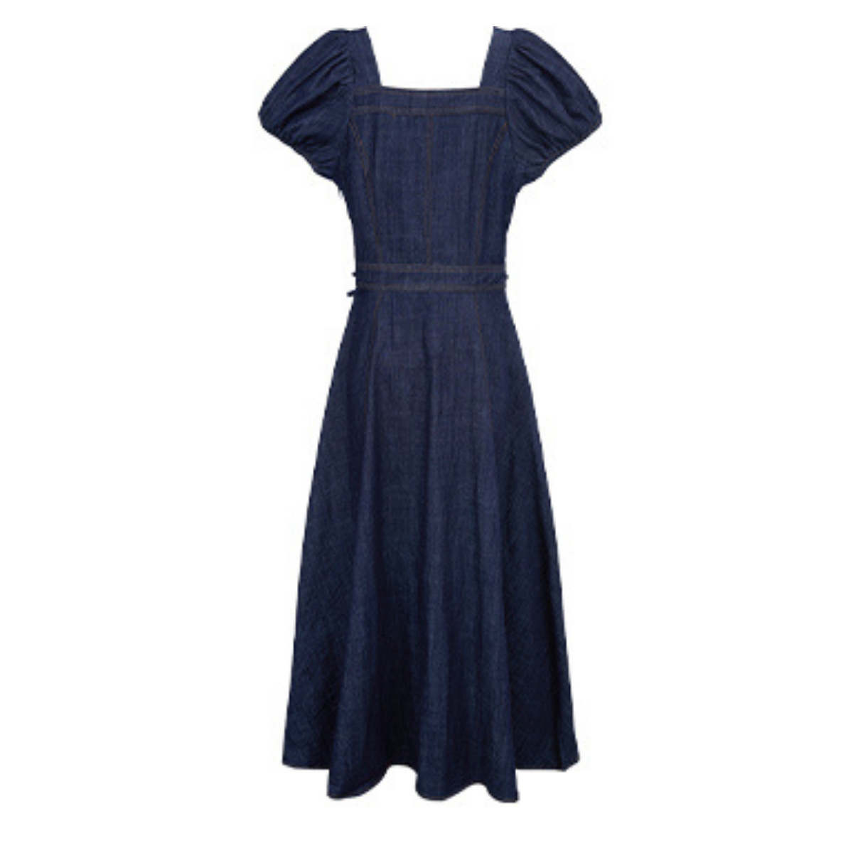 Puff Sleeve Square Neck Denim Midi Dress